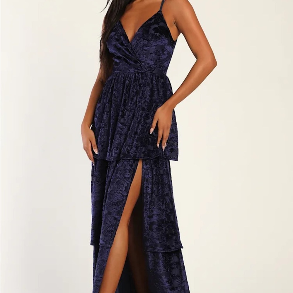 Lulus Tier to Impress Navy Blue Burnout Velvet Tiered Maxi Dress